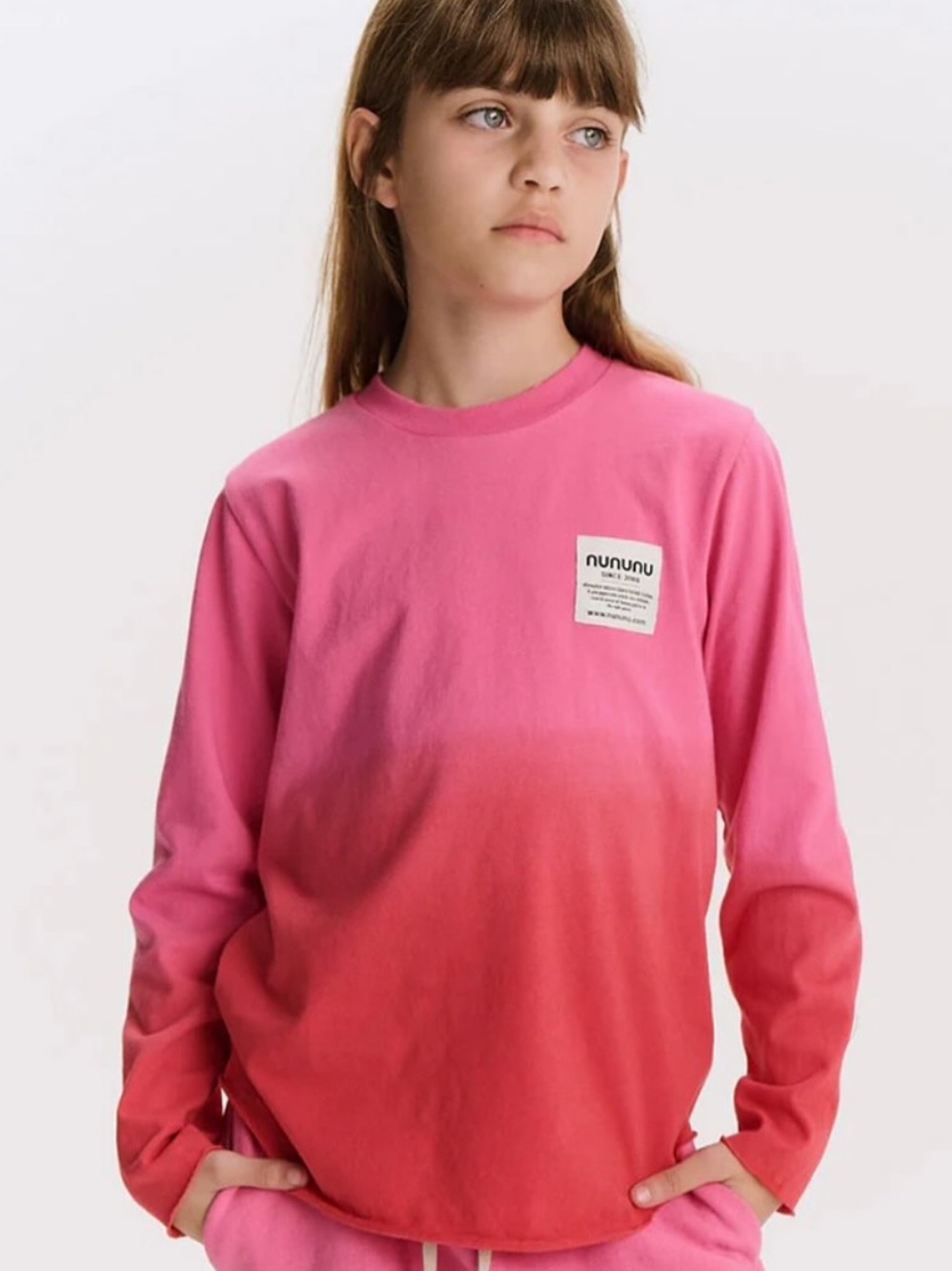 nununu Pink to Red Ombre Long Sleeve Tee with Patch Logo
